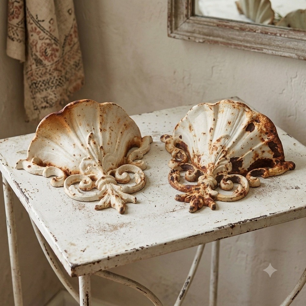 Vintage Cast Iron Shell Fleur De Lis Wall Corbel Sconces Rustic Shabby Chic